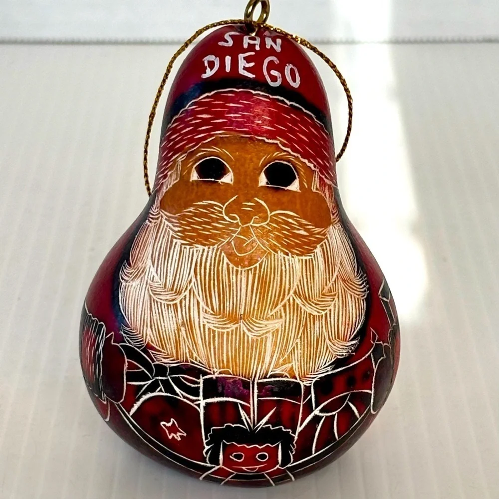 Santa Clause Folk Art Gourd Christmas Ornament  Hand Carved Painted Peruvian